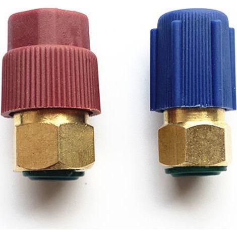 2 AC-Anschlussadapter, R12 auf R134a, 7/16 Zoll Niederdruck, 3/8 Zoll Hochdruck, mit 2 Ventilen, für Klimaanlagen (1/5)