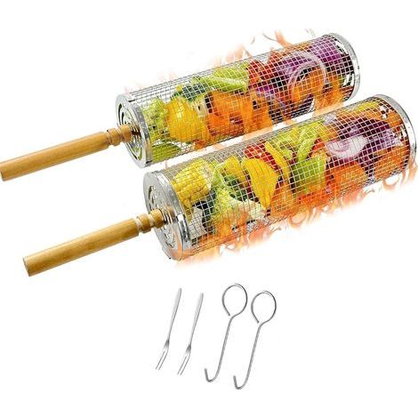 Lot de 2 Ensemble de Paniers à Barbecue Emboîtables, Acier Inoxydable 304, Poignées Bois Amovibles, Idéal Légumes, Crevettes, Poisson et Viande, Compatible Lave-vaisselle, Cadeau Idéal pour BBQ (1/5)
