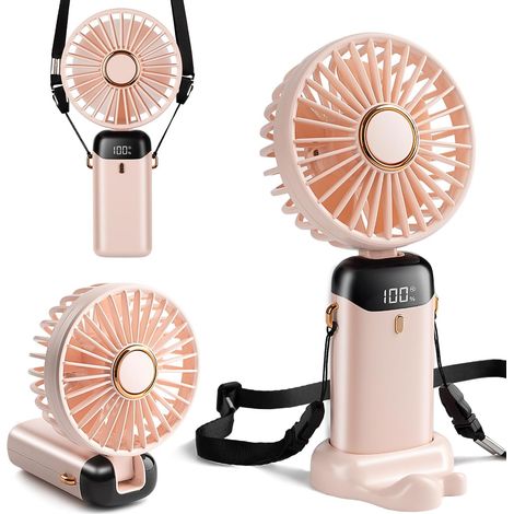 Mini ventilateur portable, rechargeable par USB-C, 800 mAh, affichage numérique, 5 vitesses, pliable à 90°, 3 en 1 (main/cou/table), ventilateur de maquillage (1/5)