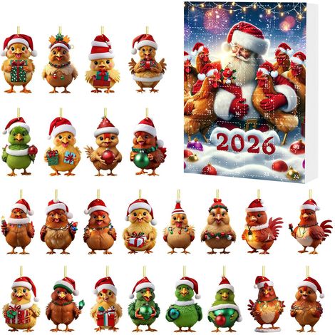Pendentif en acrylique en forme de poulet de Noël (dessin animé), calendrier surprise, décoration de sapin de Noël avec compte à rebours de 24 jours (Type A) (1/2)