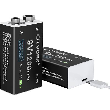 Lot de 2 Piles 9 V 1200 mAh PP3/MN1604/6F22/6LR61 Batterie au Lithium Rechargeable USB avec Port de Charge Micro USB pour détecteur de fumée, cuisinière à gaz, etc. (1/5)