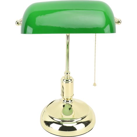Lampe de bureau style vintage, abat-jour en verre vert, lampe de bibliothèque chaleureuse avec interrupteur à chaînette, culot en fer, douille E26. (1/5)