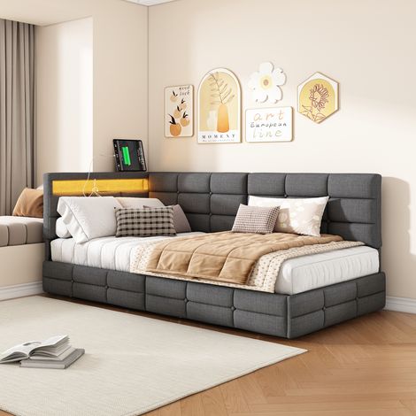 Gray linen L-shaped headboard with charging port, LED light, bed tail drawer, soft package bed, European plug 90  200 (1/5)