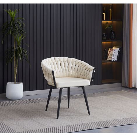 Lot de 2 chaises TRESSEES Velours Pied en métal noir - écru