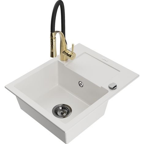 Mexen Enzo fregadero de granito de 1 cubeta con escurridor y grifo de cocina Aster, blanco - 6506-20-73450-57-B (1/5)