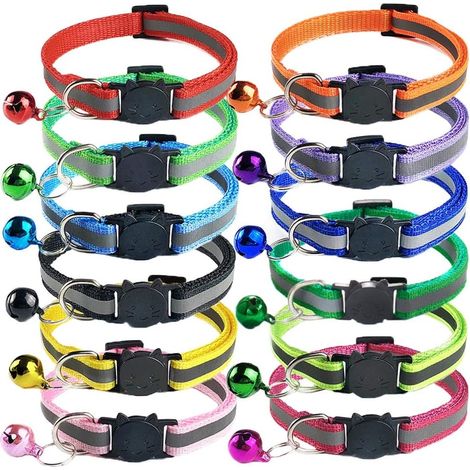 12 Pièces Collier pour Chat Chats Anti Étranglement Chatons Chiots Réglable Réfléchissant avec Boucle de Sécurité Collier Clochette Chat 12 Couleurs (1/5)