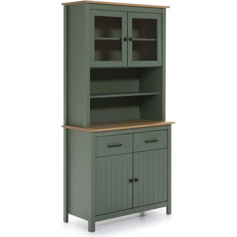 Buffet haut 2 portes 3 tirois - décor chene et vert - L 150 x P 40 x H 80 cm - MADINA (1/4)