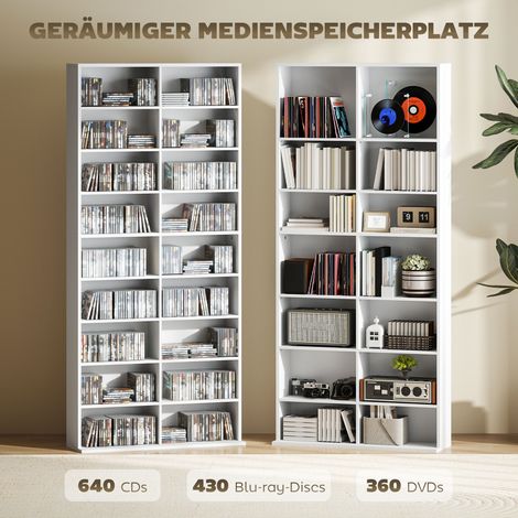 Étagère à DVD et CD, meuble de rangement avec 14 tablettes ajustables, 18 casiers, 175 cm, armoire pour Blu-ray, panneaux de particules, blanc