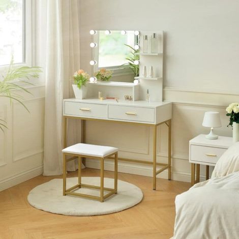 Toeletta da trucco con LED e sgabello 80x40x145H colore bianco e oro Lunar