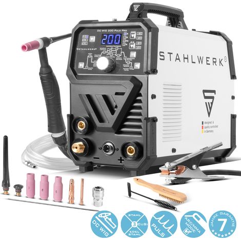 STAHLWERK Poste à souder combiné 2-en-1 DC TIG 200 Puls Pro – TIG & MMA (ARC) jusqu'à 200 A, fonction Pulse, mémoire de jobs, Hotstart, adapté aux tôles fines, pour acier, inox, cuivre & laiton