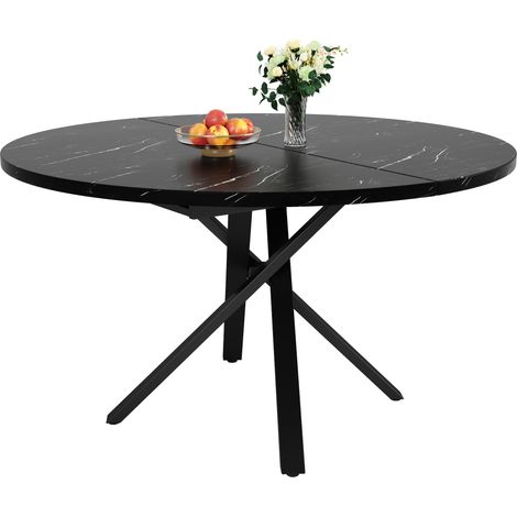 Table à manger extensible ronde 100 cm en MDF effet marbre, rallonge 140 cm, pieds X métal noir, pieds réglables, pour cuisine et salle à manger  CHICFURN (1/5)