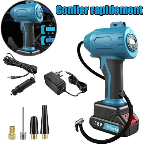 Compresseur d'air sans fil pour pneus, pompe à air portable avec manomètre numérique, gonflage rapide pour voitures, motos et vélos (1/5)