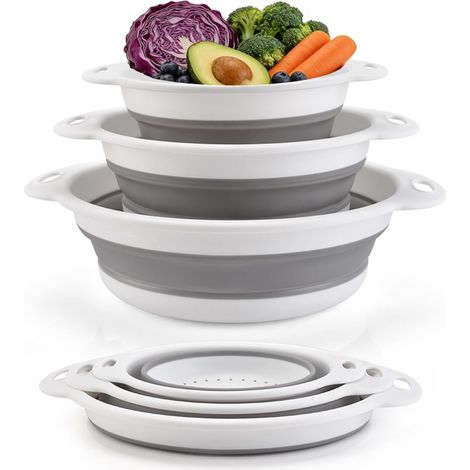 Lot de 3 passoires pliables en silicone - Passoire à pâtes - Panier filtrant en silicone - Pour le camping, la cuisine, les pâtes, les fruits, les légumes - Blanc (1/5)