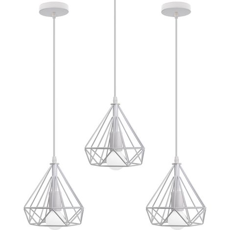 3er Pendelleuchte, 1 Flammig Hängelampe im Diamant Form, Industri Stil, mit Ø20cm Käfig (Weiß)