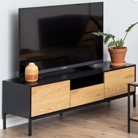 Meuble TV Dover 140cm 2 portes 1 tiroir - noir/chêne sauvage (1/5)