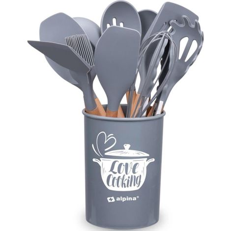 Set Utensili da Cucina Grigio e Supporto 12 Pezzi Utensili Silicone Manico Legno (1/5)