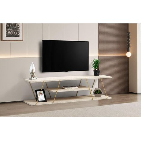 Meuble TV avec Design en marbre, Travertine et Or, 120 cm, Panneau en Particules 100% mélamine et Cadre en métal, étagères murales fonctionnelles (1/5)