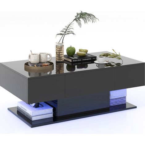 Tavolino da caffè moderno con 20 luci LED a colori e 2 cassetti portaoggetti, Tavolino d'accento a 2 piani Nero (1/4)