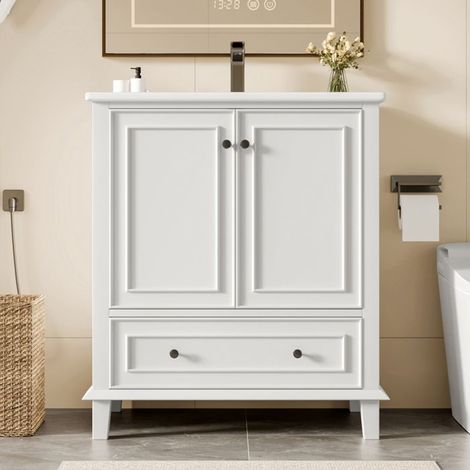 Mueble de baño de pie con lavabo integrado, Dos Puertas de Mueble y un cajón, armario de baño, columna blanca