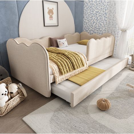 DESVIAE Lit de jour enfant avec lit gigogne 90 x 190 cm dossier rembourré forme nuage lin beige (1/5)