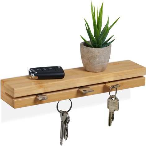 Relaxdays Colgador Llaves Pared con Estante, Perchero Magnético Recibidor Bambú, Largo 29,5 cm, Portallaves, Natural