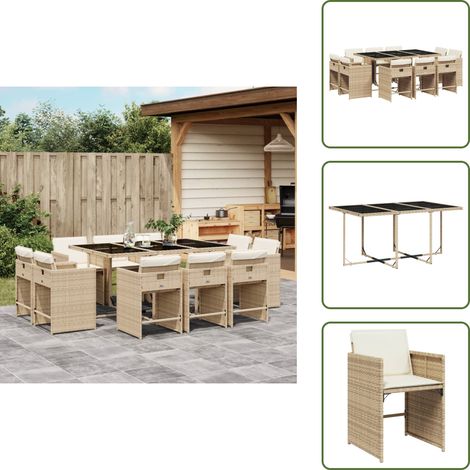 Ratán sintético - vidaXL Set comedor de jardín 11 pzas con cojines ratán sintético beige - Cojines para sillas