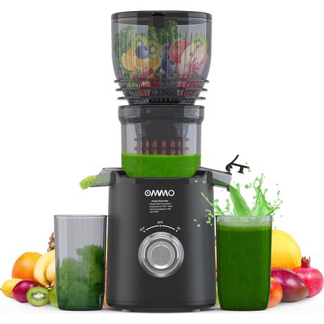 Slow Juicer, 300W Extracteur de Jus de Fruits et Légumes, Noir Goulotte de 148 mm, Facile à Nettoyer, 2 Tasses PC, Sans BPA (1/5)