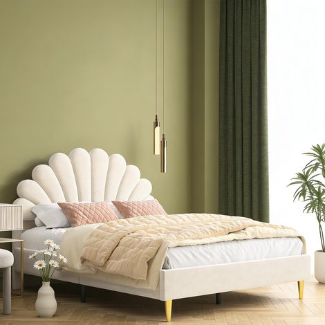 Letti con cassetti 140x200 cm in velluto beige, letto imbottito con testiera a petalo, rete a doghe, design elegante per adulti