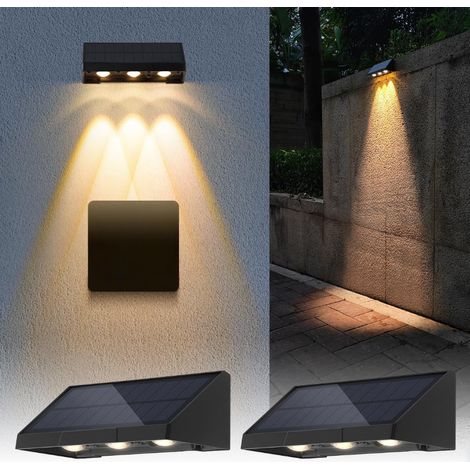 Set aus 2 Solar-Wandleuchten für den Außenbereich, 3 LED-Zaunleuchten, wasserdicht, warmweiß, ideal für Veranden, Terrassen und Balkone.
