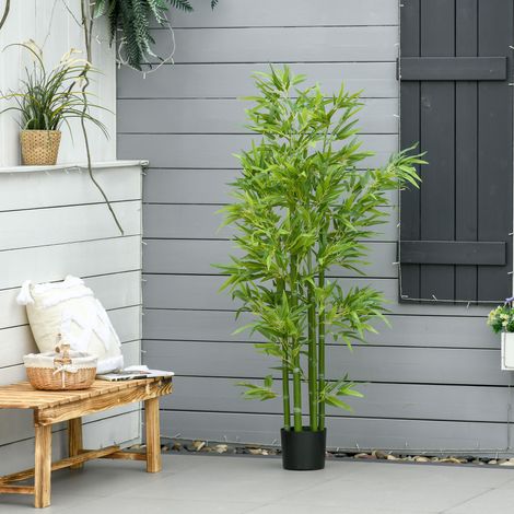 Planta de bambú con maceta negra, planta artificial para interior y exterior, realista, altura 150 cm, para salas de estar, terrazas, jardín, maceta negra, bambú.