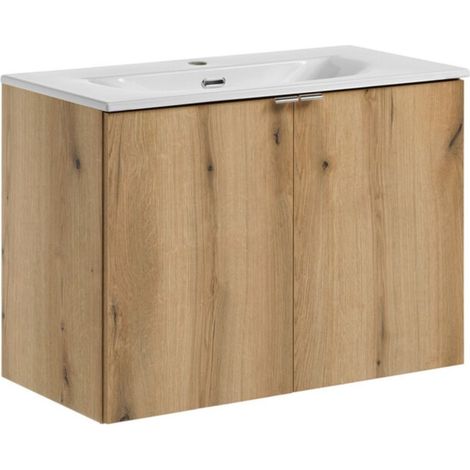 Set da bagno sospeso VANO effetto rovere e bianco 80cm: mobile sotto lavabo con armadietti + lavabo incassato