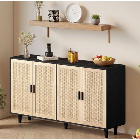 Buffet noir avec 4 portes en rotin, 158x40x88 cm, pour chambre, salon et bureau (1/5)