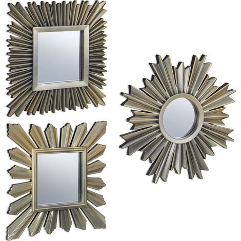Lot de 3 miroirs, Motif Soleil décoratif, Trois Designs, Salon, entrée, décoration, Cadre en Plastique, doré (1/5)