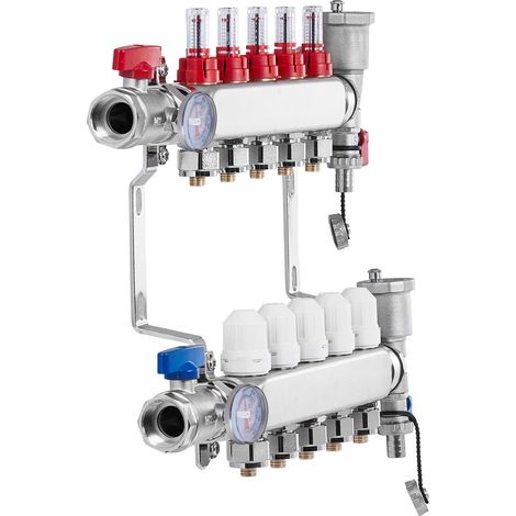 Collecteur de chauffage radiant 5 sorties, inox, pour tubes PEX 1/2", avec adaptateurs inclus pour plancher chauffant hydraulique. (1/5)