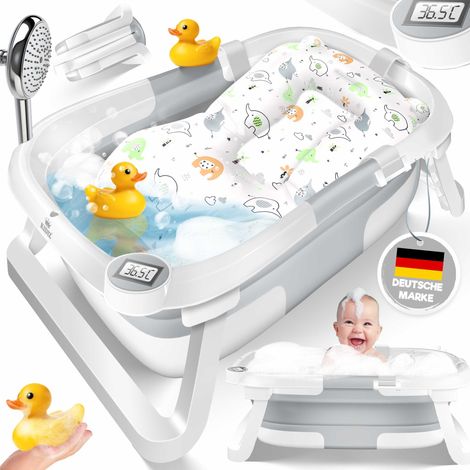 KIDIZ® Baby Badewanne  Babywanne platzsparend & faltbar  Badebecken Duschwanne für Neugeborene Kleinkinder 0-24 Monate  Reisedusche tragbar für Babys  mit Thermostat & Kissen - Hellgrau