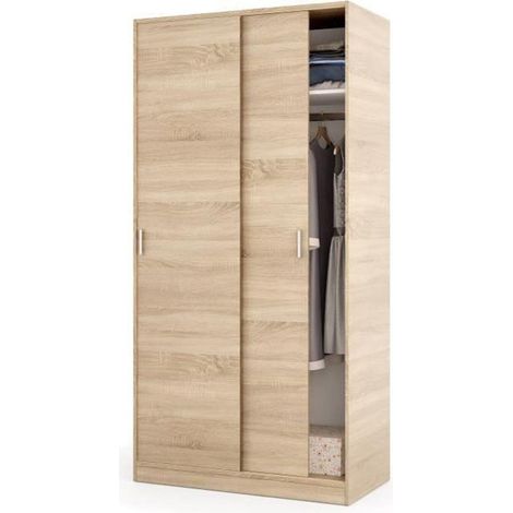 Pegane – Armoire 2 portes coulissantes décor chêne canadien – Dimensions L 100 cm x H 200 cm x P 50 cm – Configuration double penderie avec étagère supérieure (1/3)