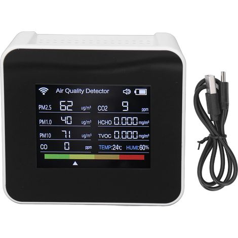 Détecteur de qualité d'air WiFi CO2 HCHO TVOC PM2.5 CO Moniteur numérique multifonction avec affichage digital (1/5)