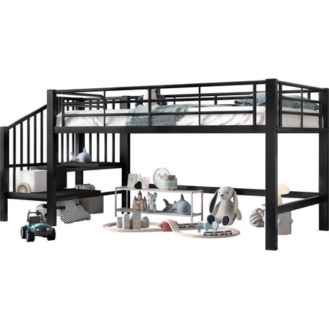 CHICFURN Letto a soppalco per bambini 90x200 cm in metallo nero con scala contenitore (1/5)