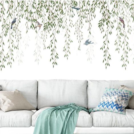 Vinilo decorativo de pared de 56x88cm con hoja verde, pájaro y planta para dormitorio