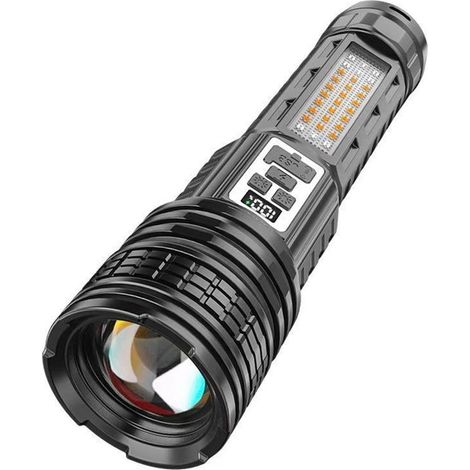 Torcia a LED extra large ricaricabile con zoom potente, illuminazione per esterni e indicatore digitale di batteria.