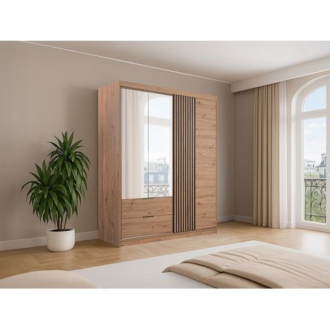 Armoire 3 portes et 2 tiroirs – Avec miroir – L203 cm – Coloris : Naturel et noir – SIDOVIA (1/4)