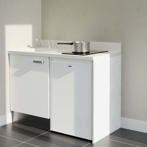 Kitchenette K08L - 120 cm - plan monobloc évier intégré Snova- évier à gauche - Façades Blanc + Electroménager inclus coloris Blanc