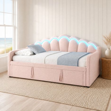Lit extensible 90x200 cm avec LED, velours rose HAVRYA (1/5)