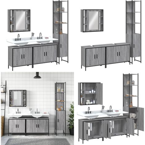 4-tlg. Badmöbel-Set Grau Sonoma Holzwerkstoff - Spiegelschrank - Waschbeckenunterstuhl (1/5)