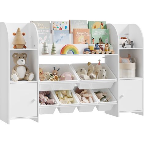 WOLTU Bibliothèque pour Enfants, en Bois Ingénierie, Étagère de Rangement avec Bacs Plastiques, 135,8x29,8x90 cm, Blanc (1/5)