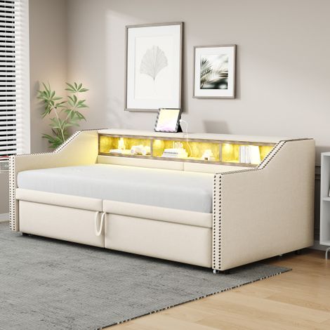 Lit gigogne 90x200 cm, lit enfant avec éclairage LED, port USB et sommier à lattes, tissu en burlap, beige, sans matelas (1/5)