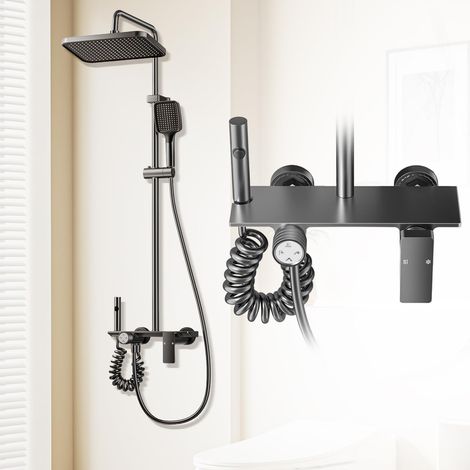 Colonne de Douche Réglable en Hauteur, Système de Douche avec Tête Carrée et Robinet, 4 Types de Jets, Douchette à main avec 3 types de Modes, Gris (1/5)
