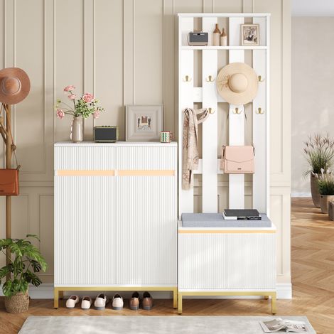 Recibidor de entrada con mueble zapatero 80x35x103cm y perchero 60x35.5x191.5cm - banco de almacenamiento para pasillo con tira led app - madera mdf moderno - blanco (1/5)