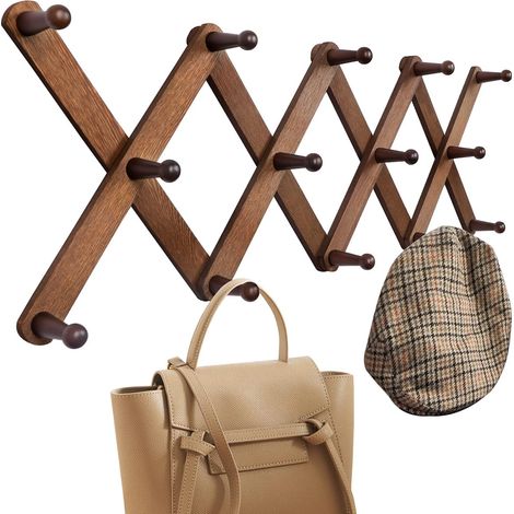 Perchero de pared extensible de madera con 14 ganchos Color nogal Perchero en forma de X para abrigos, sombreros, bolsos y gorras (1/5)