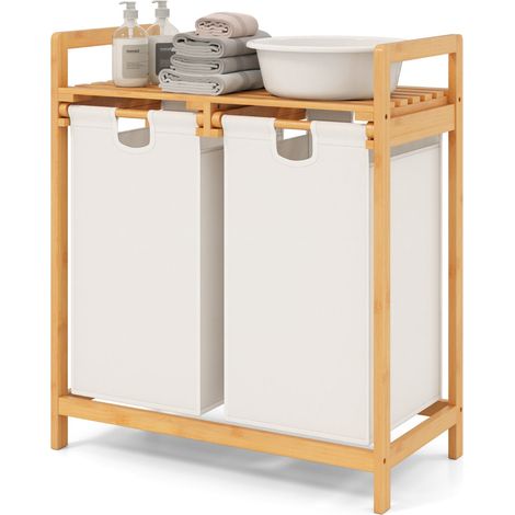 Cesto portabiancheria indipendente 64 x 33 x 73 cm con 2 sacchi estraibili moderno ripiano portaoggetti in bambù bianco 200012974